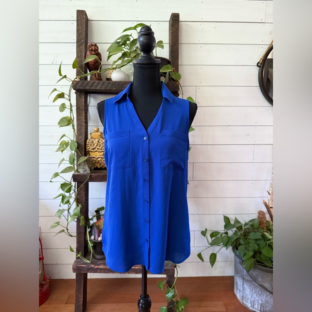 Express: Blue Sleeveless Button-Up Blouse with Cold Shoulder Back - Picture 3 of 17